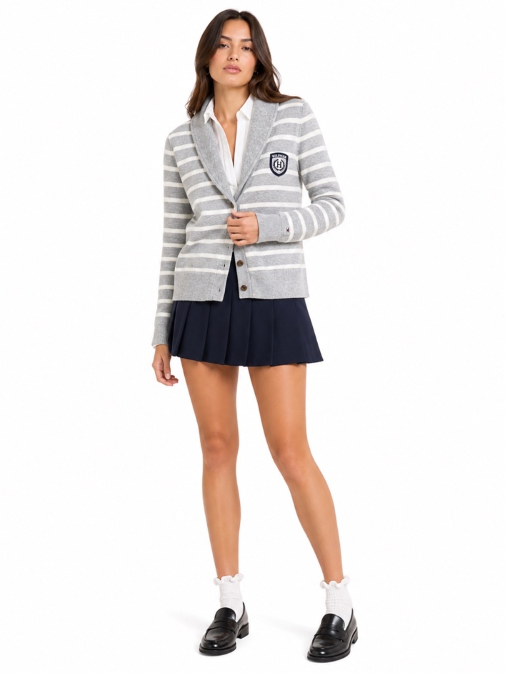Tommy Hilfiger Gray & White Striped Button-Up Cardigan w Collegiate Patch – LRG